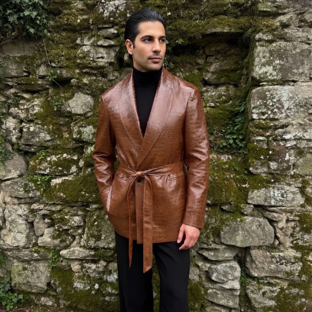 Mens 48R XXL Brown faux leather croc belted smoking jacket
